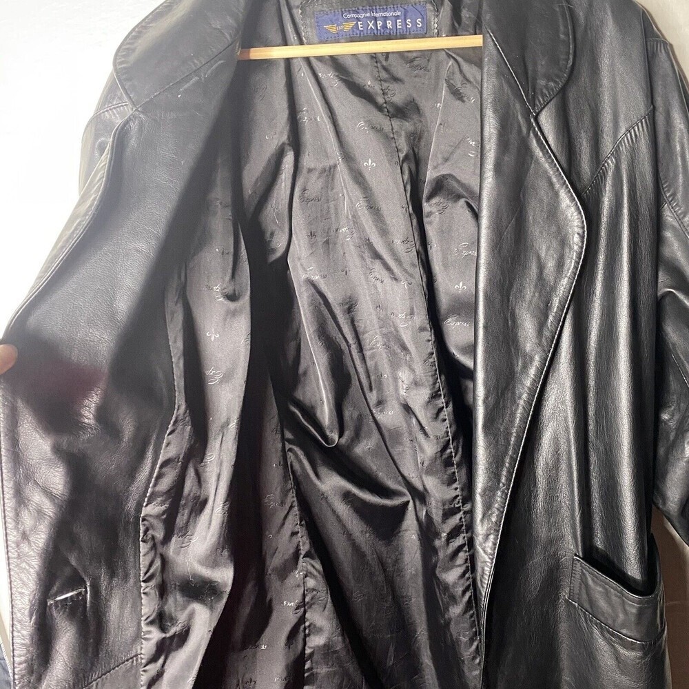 Vtg 80s EXPRESS Black Over Coat Long Trench Leather Jacket SZ ? Large Women - Picture 4 of 14